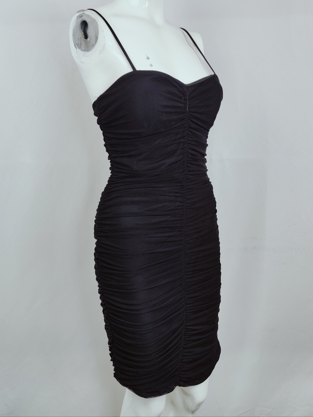 VTG Y2K Cocoa Black Mesh Ruched Bodycon Midi Dress, Sz L